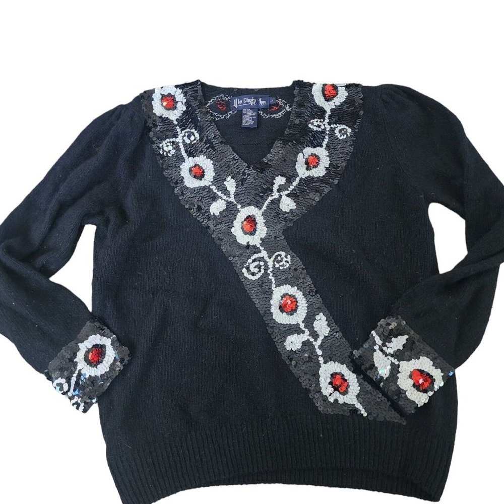 Le Chois Sequin Sweater Black Large Silk Angora Blend